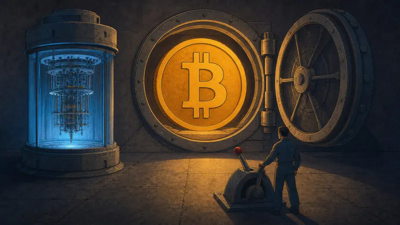 An operator controls a migration lever between a quantum computer and a Bitcoin vault in a retro-futurist scene