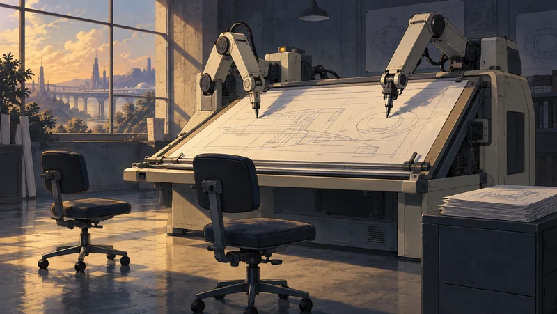 An automated drafting machine works at a large drawing board beside two empty chairs in an industrial design studio.