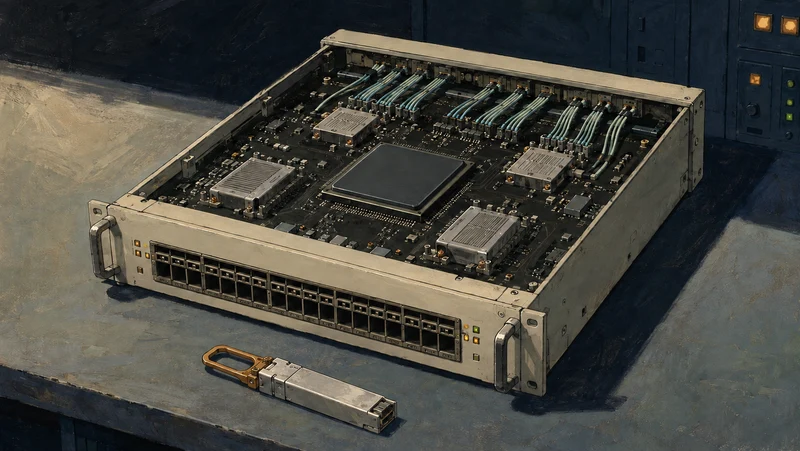 An opened optical network switch on an industrial workbench, with fiber connections inside and a removable transceiver in the foreground.