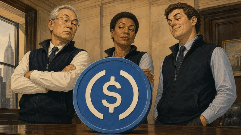 Three investment bankers in dark fleece vests look down skeptically at a large USDC coin