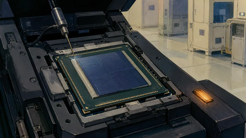 A cel-painted Intel CPU package under a probe in a semiconductor test socket