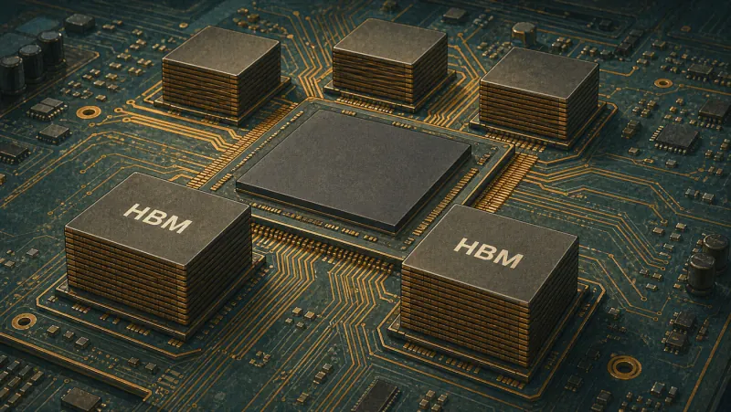 Five vertically stacked HBM packages surround an AI accelerator die on a dense green circuit board