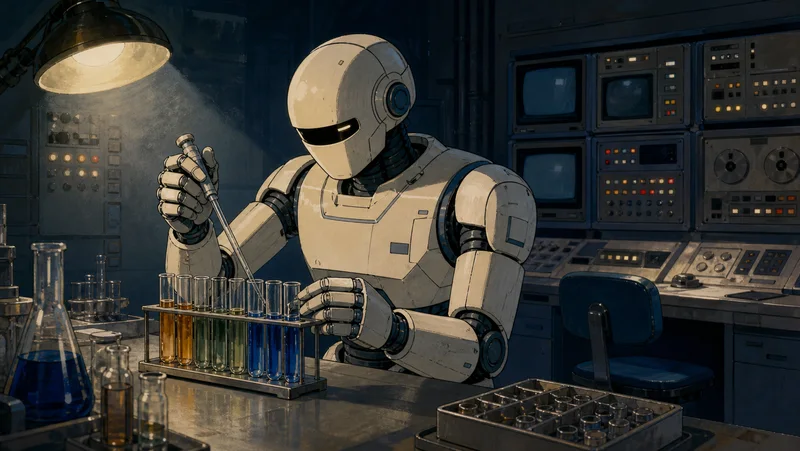 A warm-white laboratory robot uses a pipette over amber, green, and blue test tubes, with blue-gray computer equipment behind it.