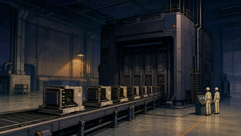 Engineers oversee open model modules moving into a large GPU compute rack inside a hand-painted industrial AI factory.