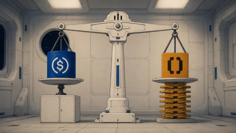 USDC and Open USD sit on opposite sides of an industrial balance, with USDC on a solid foundation and Open USD supported by many interlocking plates