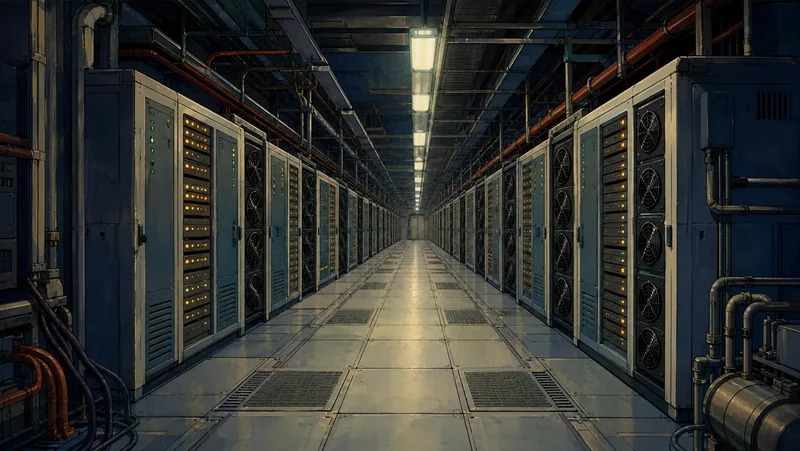 A hand-painted retro-future data center aisle lined with active server racks, cooling pipes, and amber and green status lights.