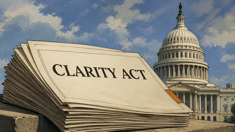 A stack of legislative papers titled CLARITY ACT stands before the United States Capitol.