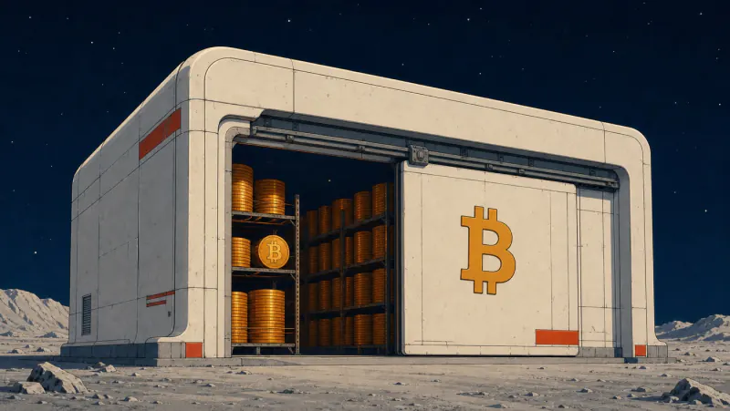 A Bitcoin flywheel meets a red reverse gear in a retro-futurist industrial chamber