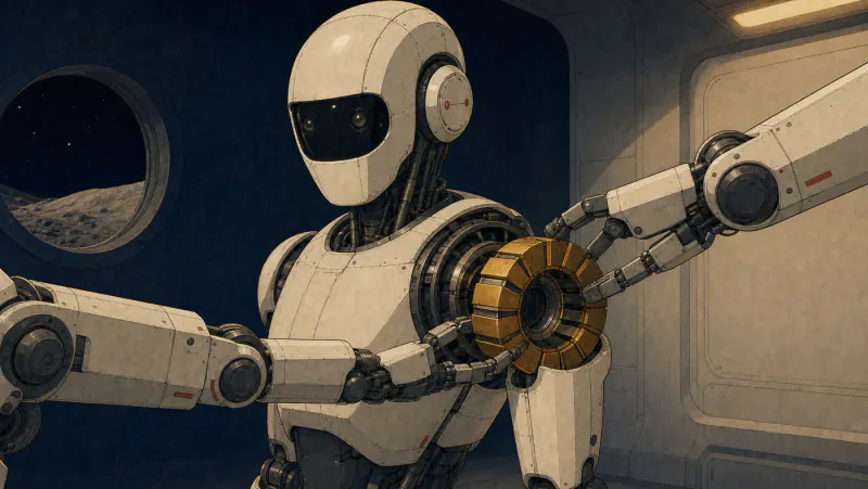 A white retro-futurist humanoid robot holds a golden ring-shaped motor component while two robotic arms assist inside a lunar workshop.
