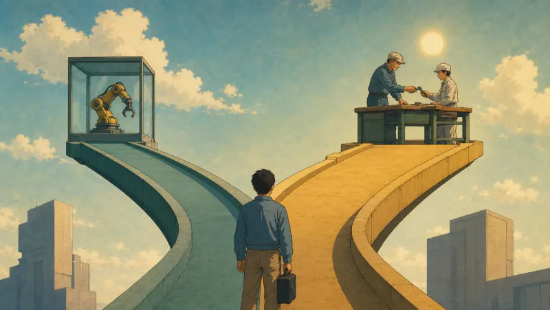 A young worker faces a cool automated path and a warm apprenticeship path in a retro-futurist scene