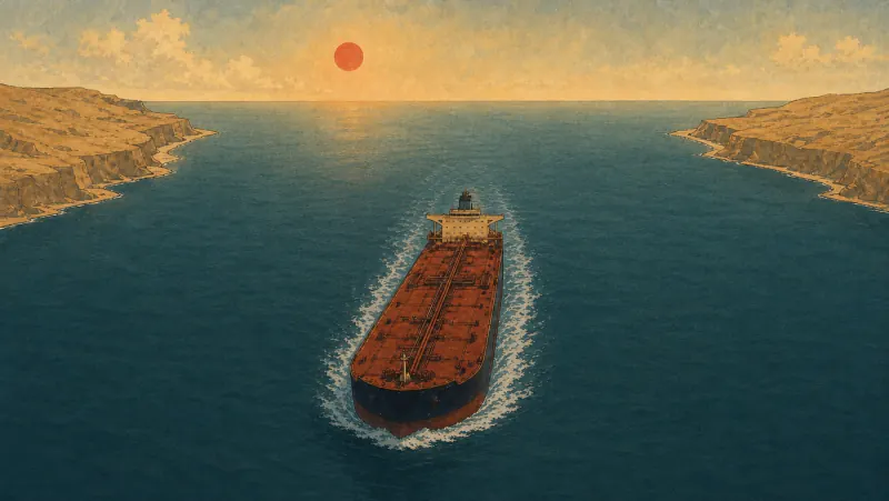 A large oil tanker crosses a narrow strait with a natural white wake in a retro-futurist scene