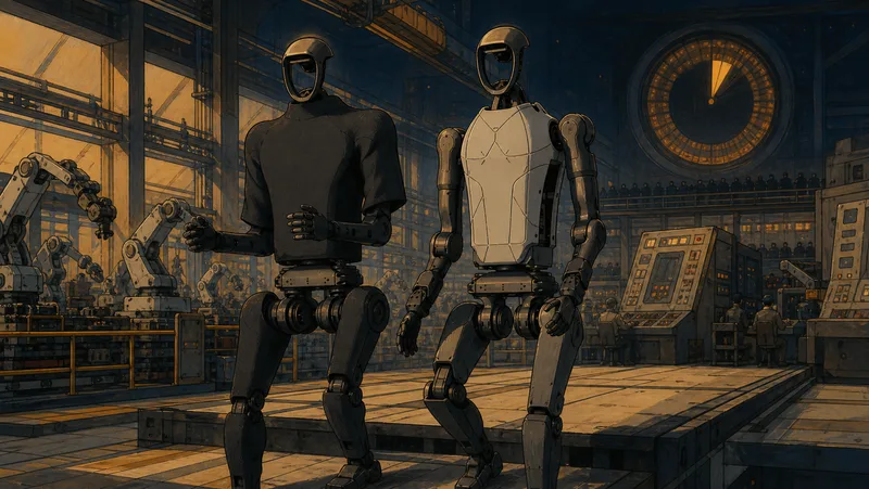 Two Unitree-inspired humanoid robots stand on a factory platform beside robotic work cells and analog computers under amber light.