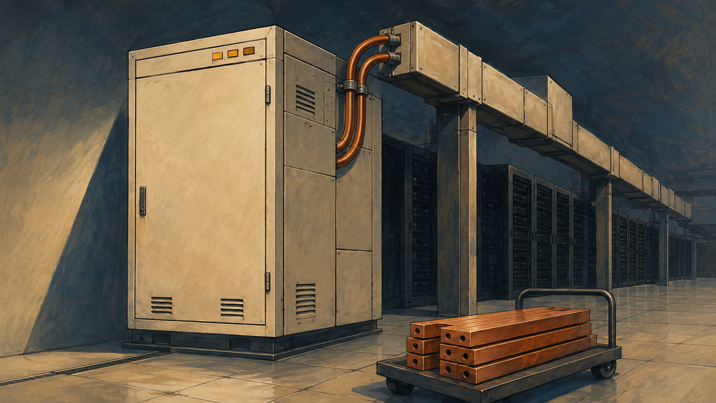An ivory power cabinet beside a row of server racks, with an overhead power busway and copper sections on a trolley.