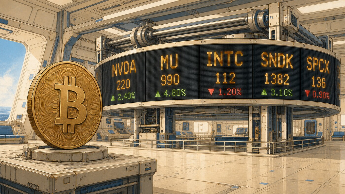 A gold Bitcoin coin stands in a bright spacecraft cabin before a rotating LED ticker showing green gains for NVDA, MU, and SNDK and red declines for INTC and SPCX.