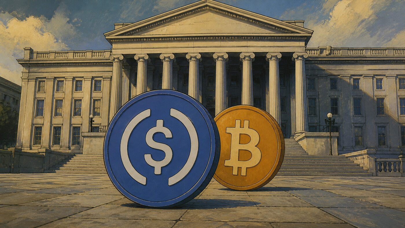 A blue USDC coin stands in front of an amber Bitcoin coin outside the U.S. Treasury building.