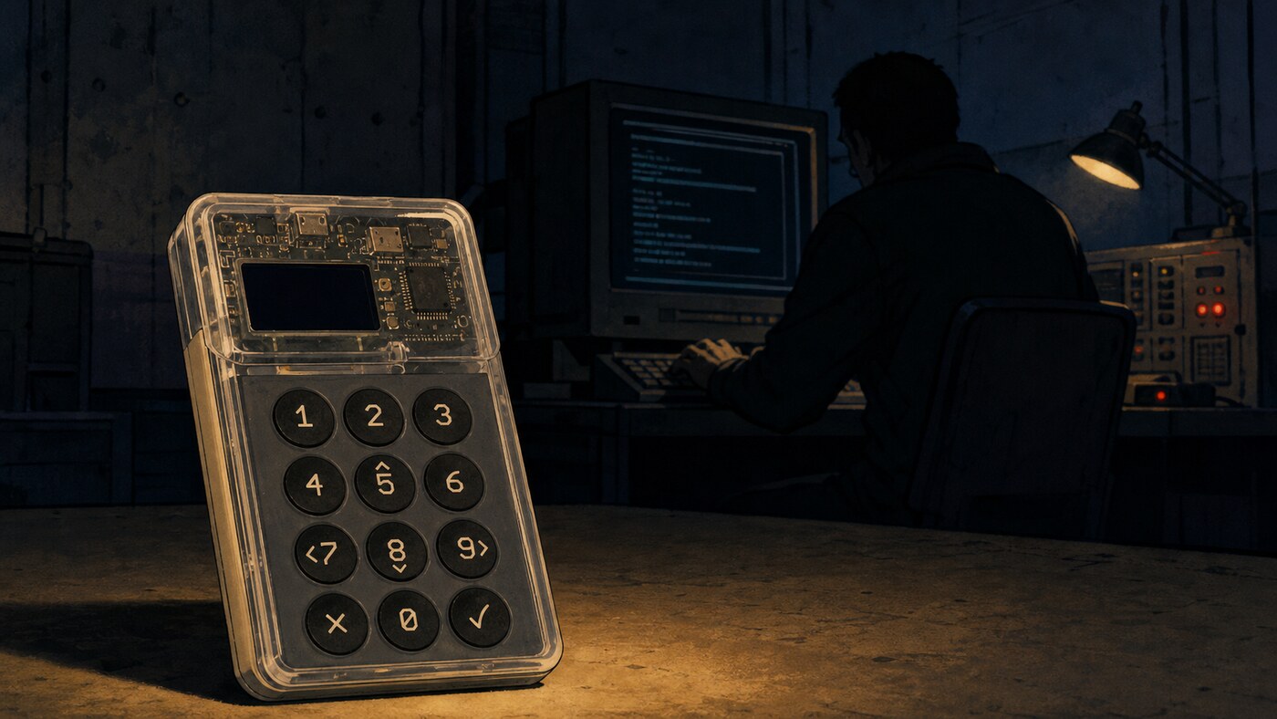 A transparent Coldcard hardware wallet in the foreground while a shadowed hacker works at a computer in the background