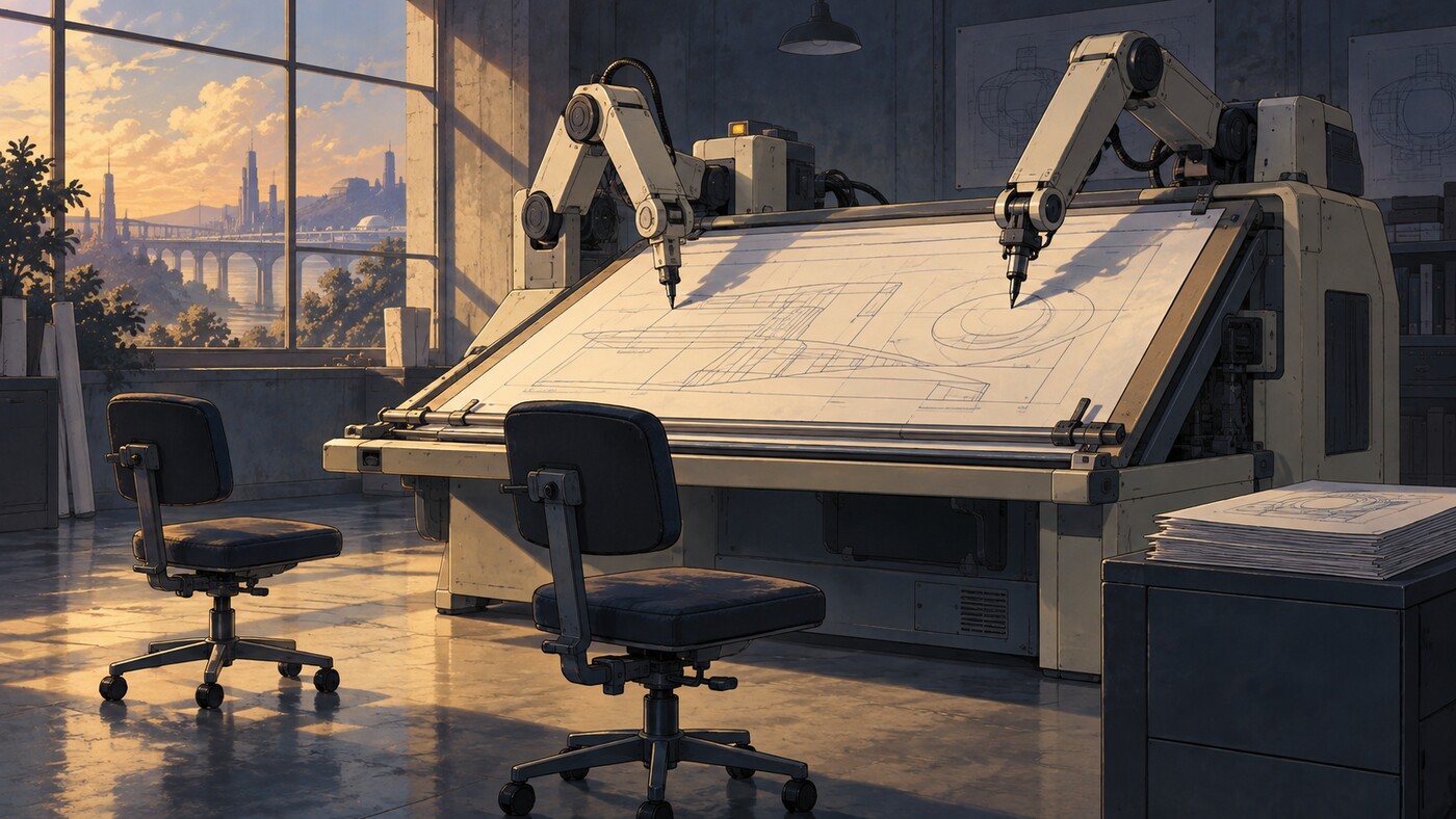 An automated drafting machine works at a large drawing board beside two empty chairs in an industrial design studio.