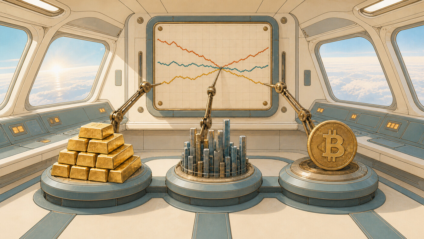 A streamlined retro spacecraft bridge compares stacked gold bars, U.S. equity columns, and a Bitcoin disc through a mechanical correlation plotter, with panoramic windows above a cloud horizon.