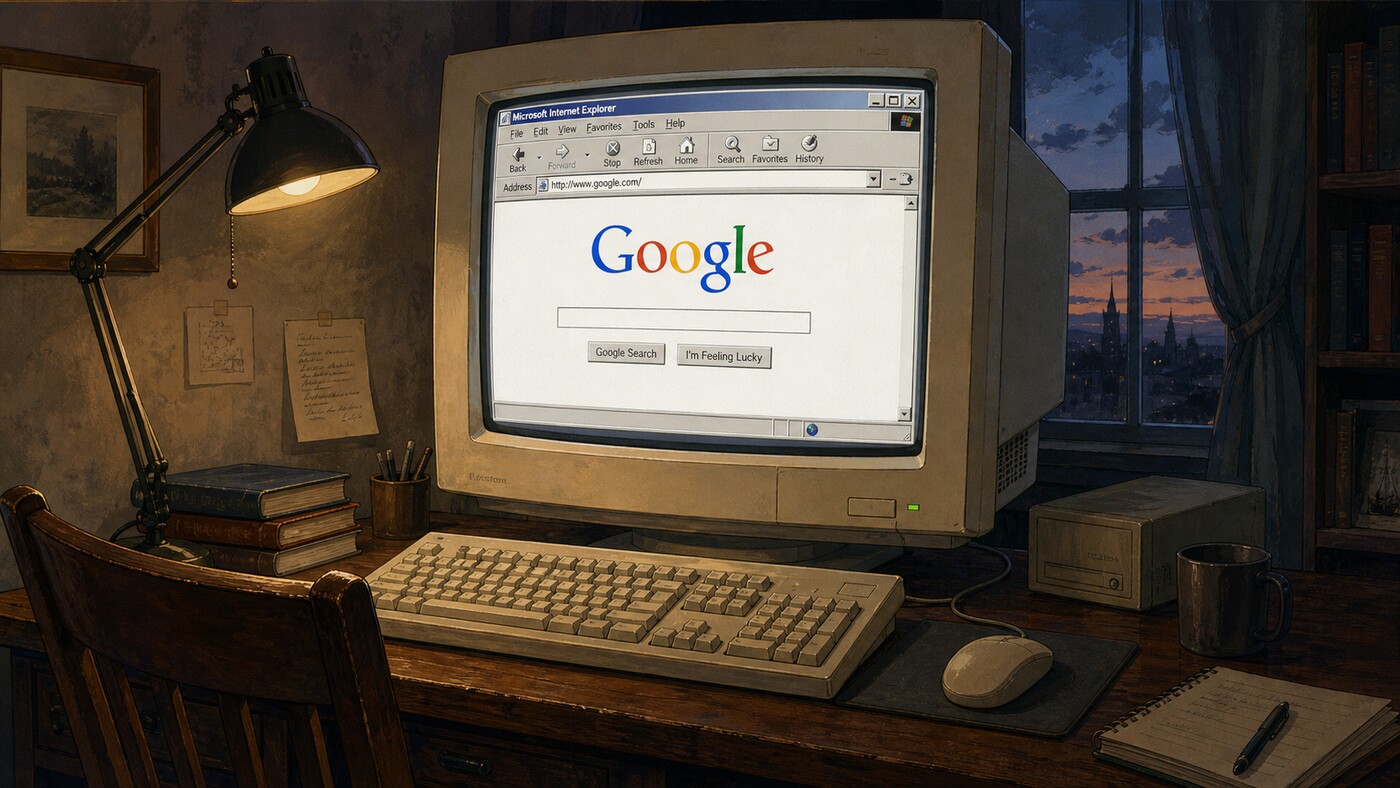 Google Search is open in Internet Explorer on a beige CRT monitor at a wooden desk in a dim study.
