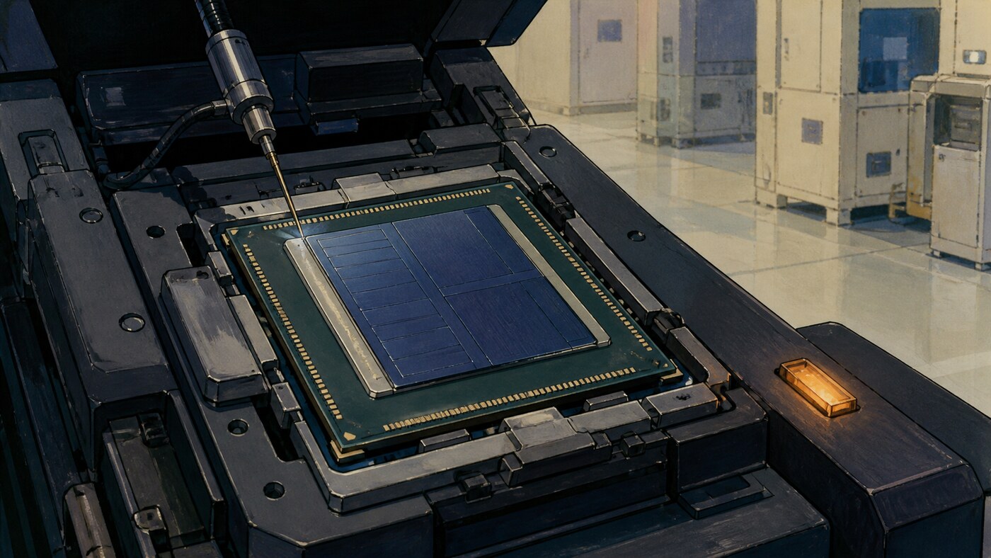 A cel-painted Intel CPU package under a probe in a semiconductor test socket