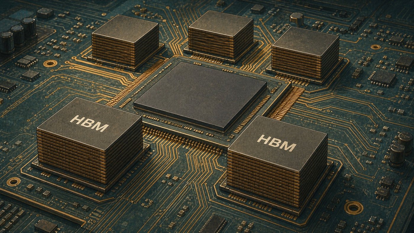 Five vertically stacked HBM packages surround an AI accelerator die on a dense green circuit board