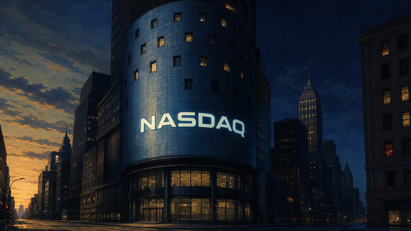 A hand-painted cylindrical Nasdaq building divides a warm sunset from a deep blue night skyline.