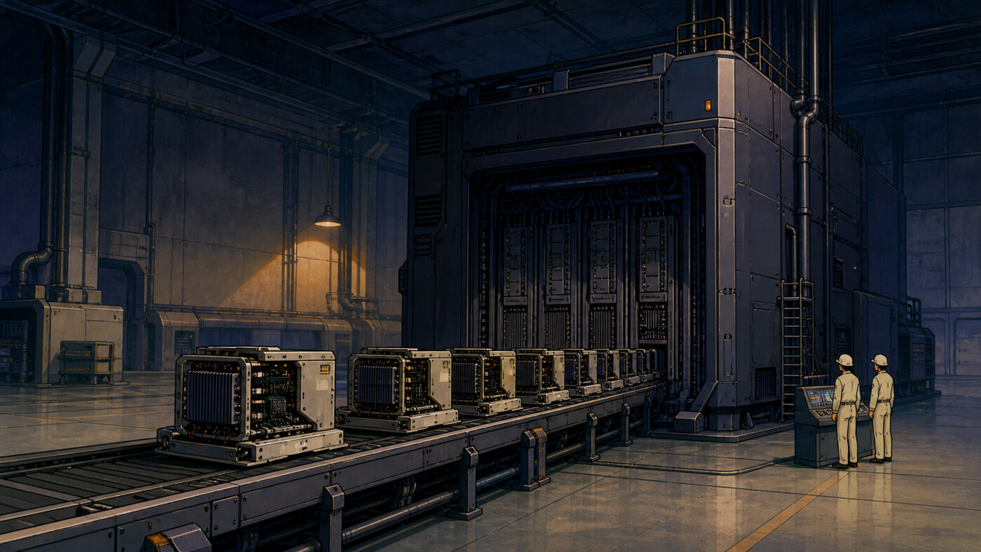 Engineers oversee open model modules moving into a large GPU compute rack inside a hand-painted industrial AI factory.