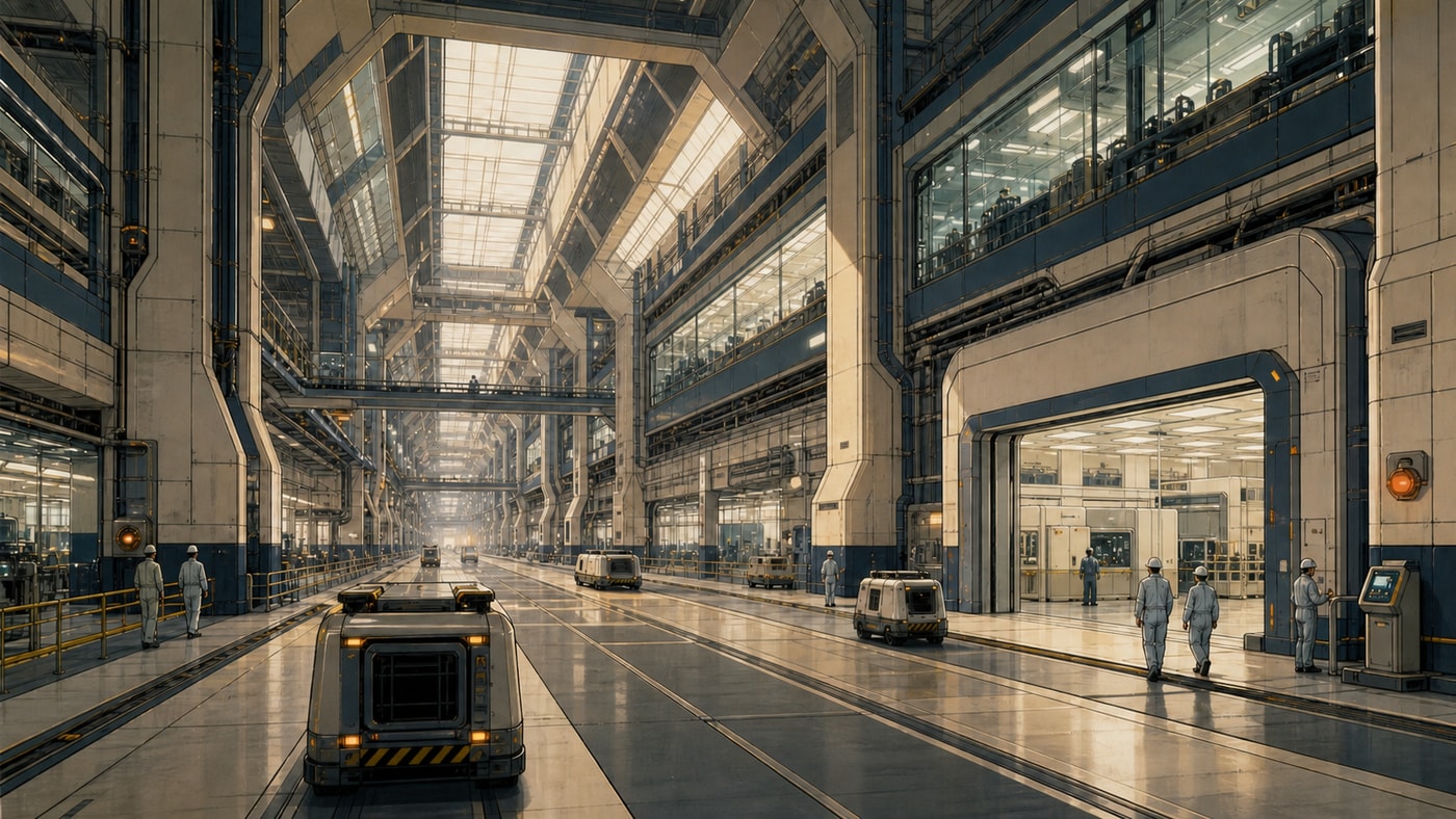 A vast retro-future semiconductor complex with autonomous vehicles traveling through its interior as staff work along a fabrication wing
