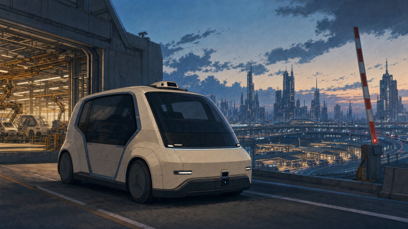 A driverless taxi leaves an automobile factory and passes a raised regulatory gate toward a vast city mobility network.