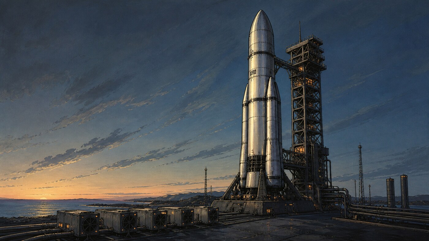 A hand-painted retro-future heavy rocket on a coastal launch pad beside data-center cooling units at dawn.