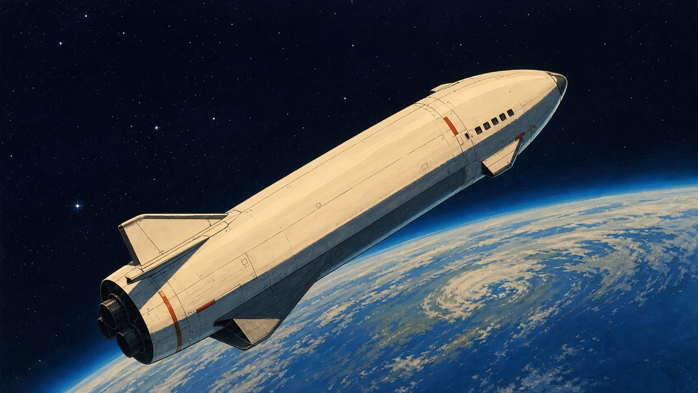 A retro-futurist stainless-steel starship climbing above Earth at sunrise.