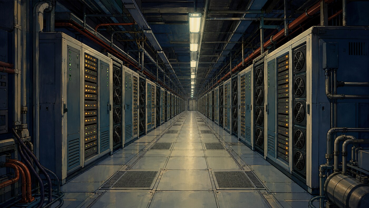 A hand-painted retro-future data center aisle lined with active server racks, cooling pipes, and amber and green status lights.