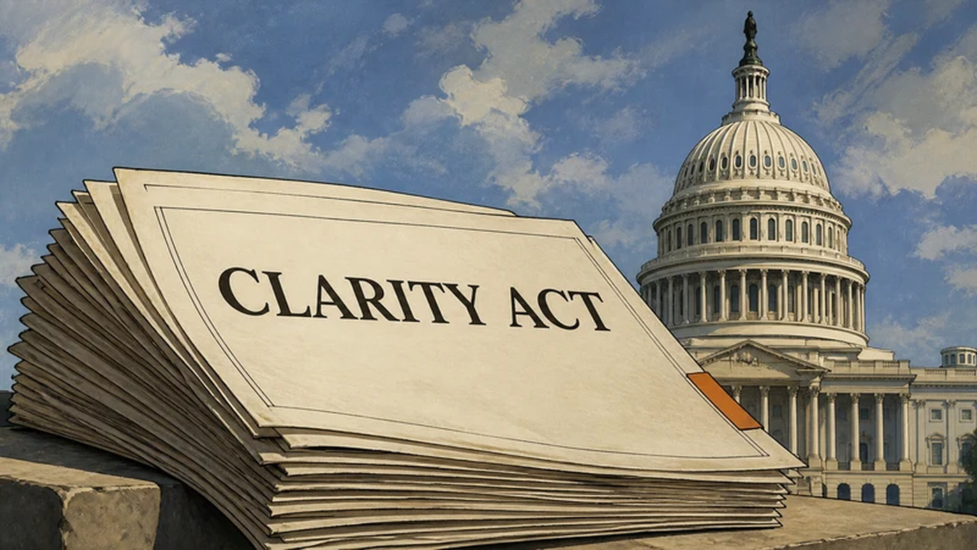 A stack of legislative papers titled CLARITY ACT stands before the United States Capitol.