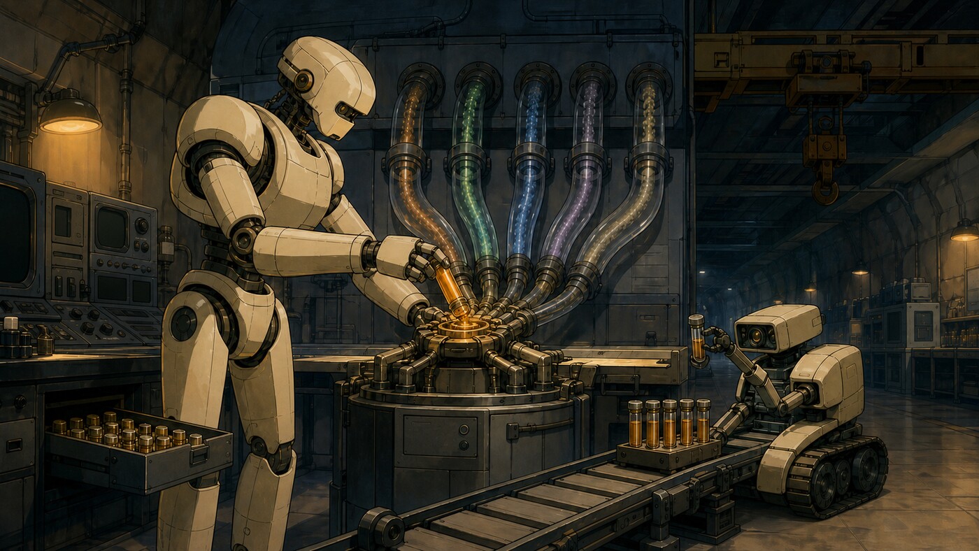 A tall laboratory robot places an amber inhibitor capsule into a manifold where five illuminated signal conduits converge, while a tracked machine assistant inspects sample vials.