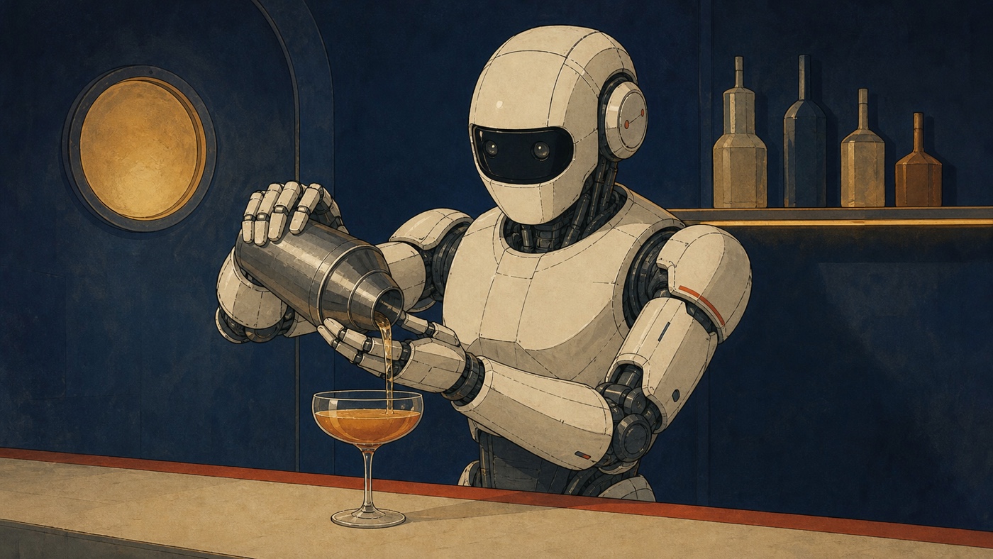 Three practical non-humanoid robots stand in the foreground while a humanoid remains small in the distance