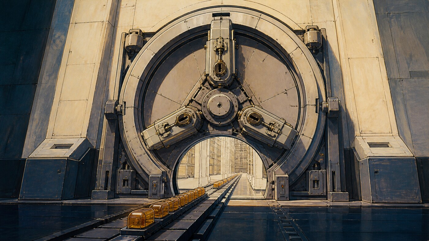A hand-painted institutional vault with three mechanical lock modules controlling a rail of amber asset capsules