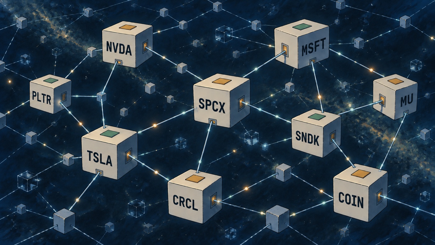 Cubes labeled NVDA, MSFT, SPCX, TSLA, SNDK, MU, PLTR, CRCL and COIN connect across a layered blockchain network.