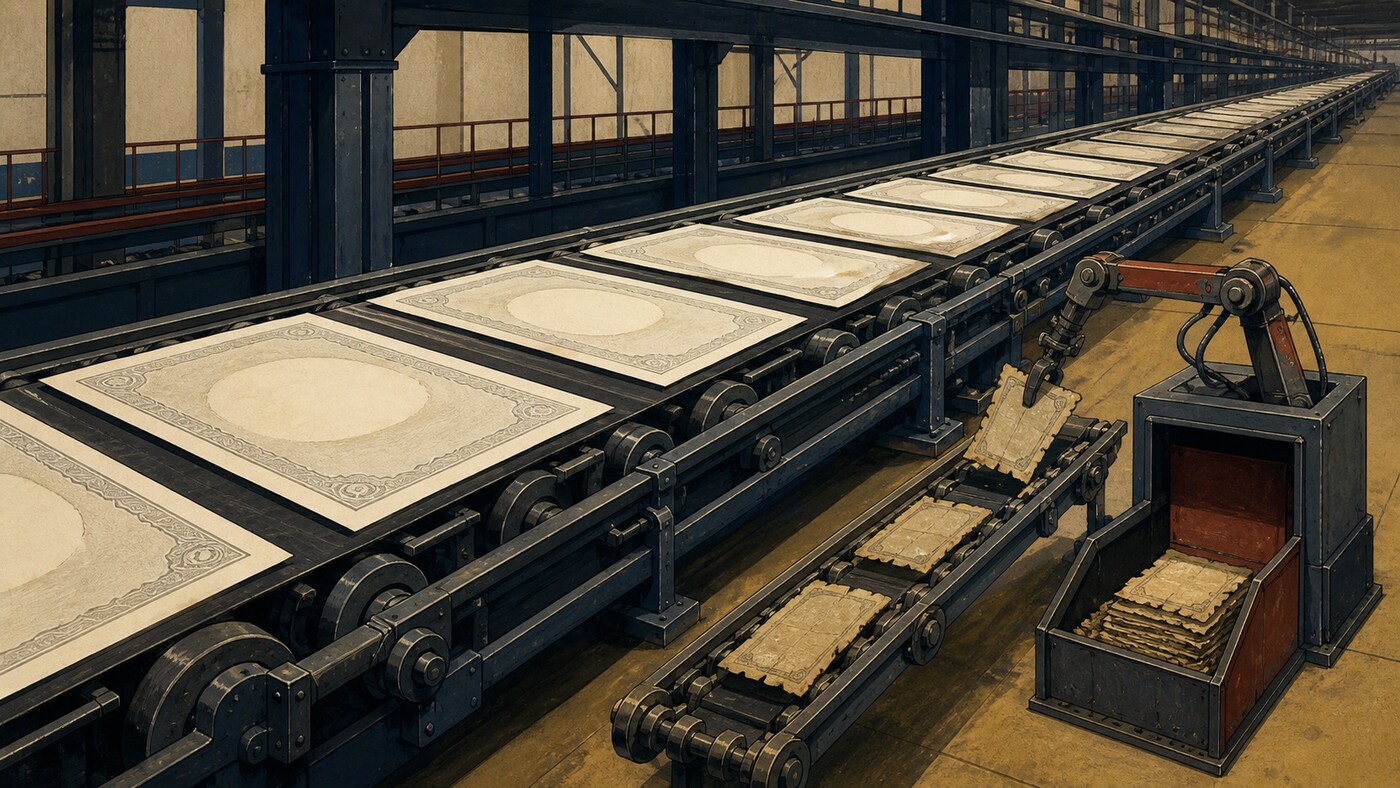 An industrial conveyor carries a large stream of new bond sheets while a smaller arm removes a few worn bonds for retirement.