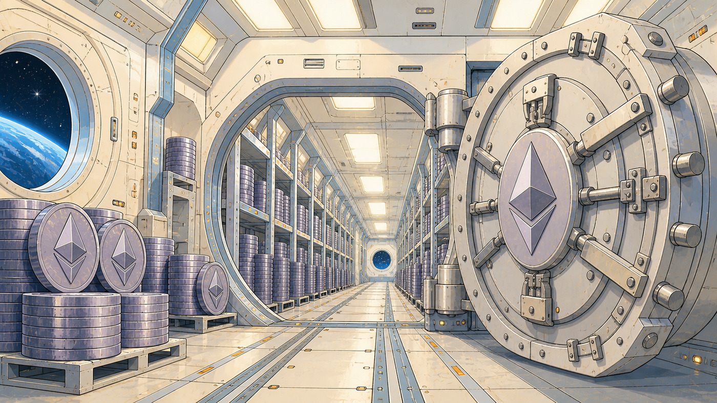A bright retro-future spacecraft warehouse stores rows of Ethereum-logo coins behind a massive circular iron bulkhead door