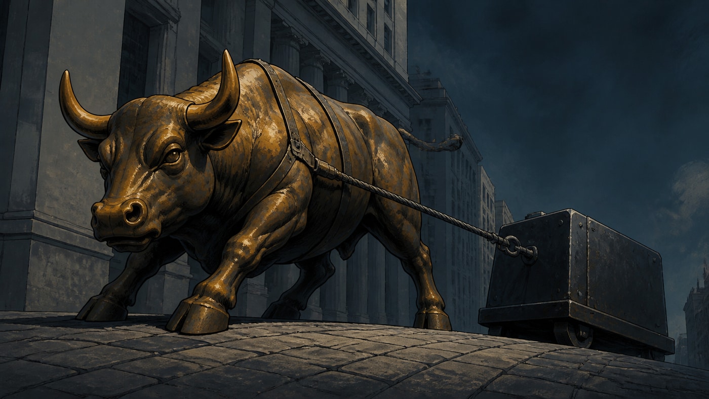 A hand-painted bronze Charging Bull pulls a heavy steel counterweight through a dark Wall Street canyon.