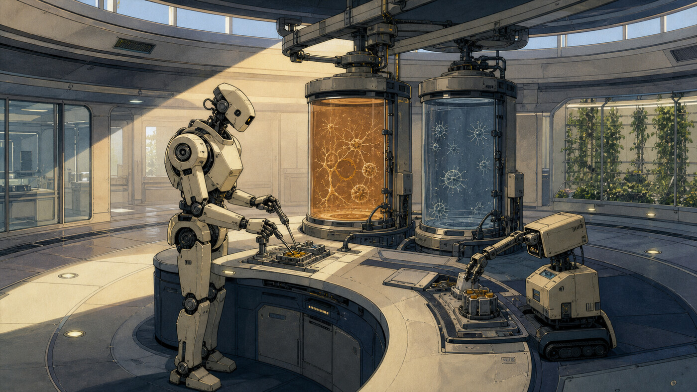 A standing laboratory robot compares two sealed culture chambers as a compact tracked machine assistant processes samples in a circular retro-future cleanroom.